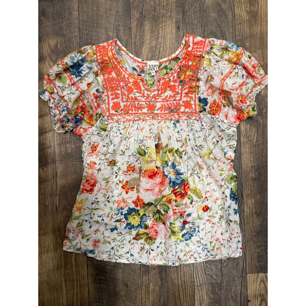 Sister Mary Womens Floral Embroidered Swiss Dot Puff Sleeve Boho Blouse White S